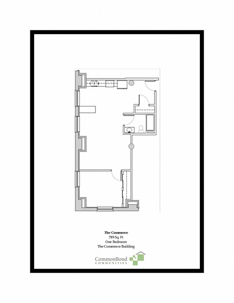 Floor plan for 1 bed, 1 bath, 789 sqft